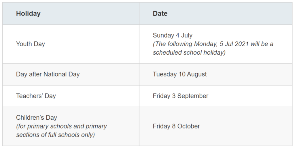 2021 Scheduled School Holidays