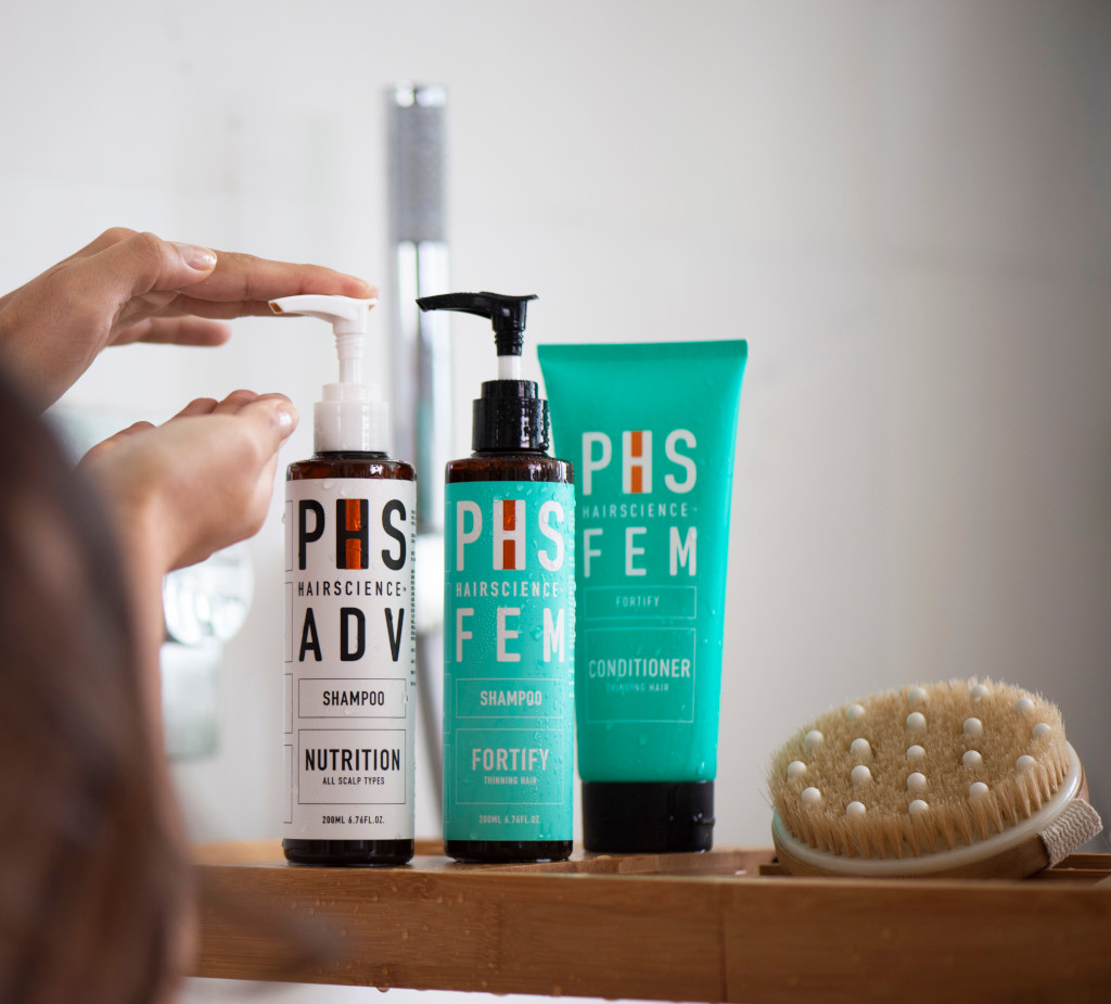 combat postpartum hair loss with PHS HAIRSCIENCE® ADV Nutrition Shampoo