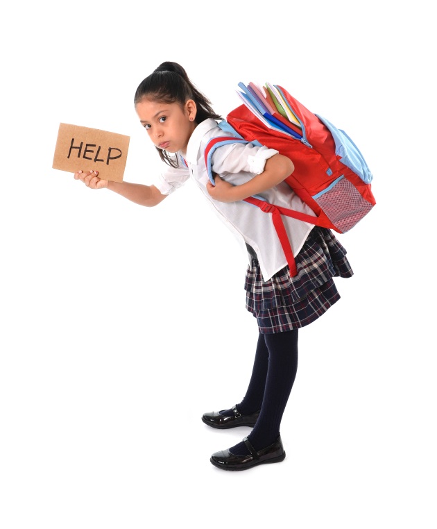 sweet little girl asking for help carrying very heavy backpack or schoolbag full causing her stress and pain on her back due to overweight isolated on white background