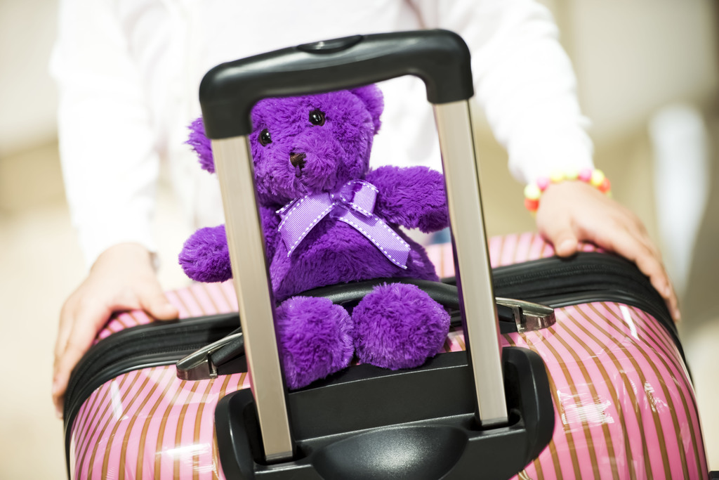 purple teddy bear on girl's pink luggage