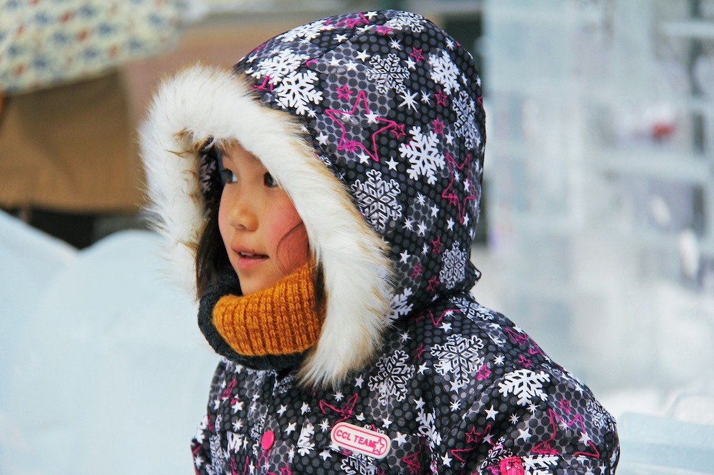 Little girl in winter clothes on the background of winter nature