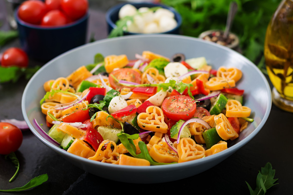 pasta heart salad tomatoes cucumbers olives