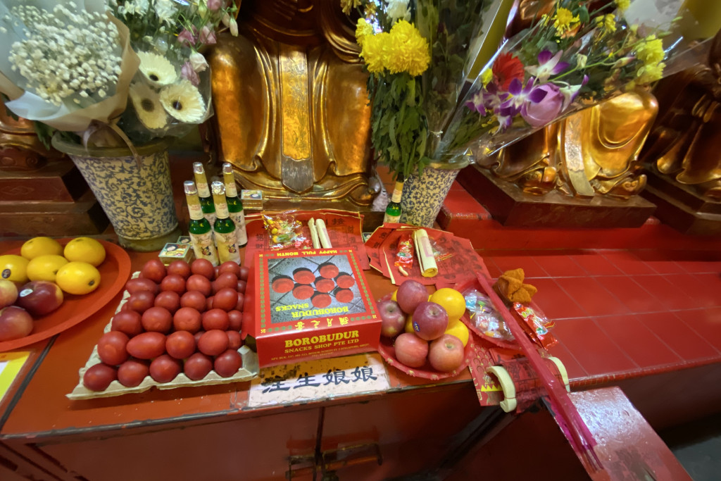 Red eggs at the Zhu Sheng Niang Niang alter in Shuang Lin temple